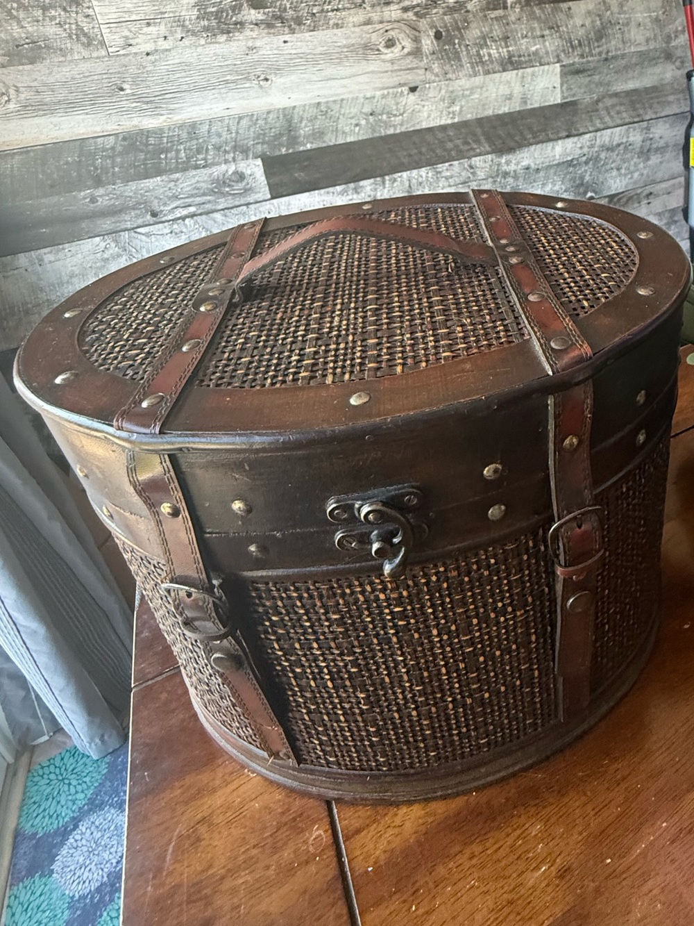 Brown Wicker and Leather Round Storage Trunk - Rustic Accent